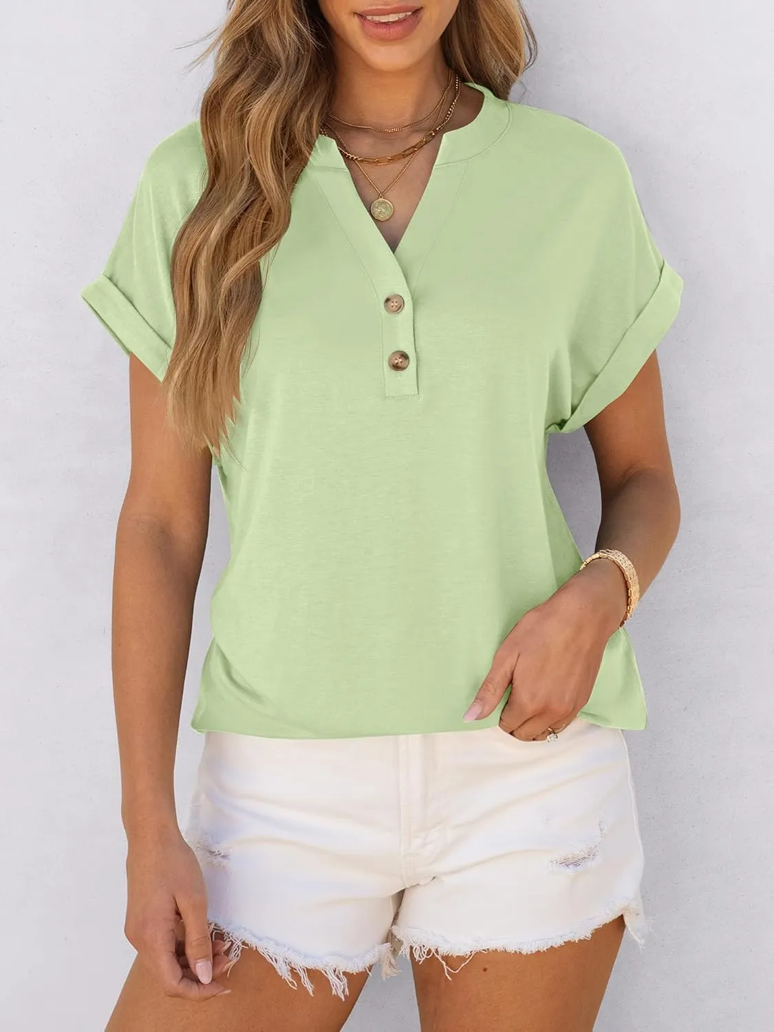 ANRABESS Womens Short Sleeve Henley Tops V Neck Dressy Casual Loose Fit Shirts Summer Flowy Blouses 2025 Trendy Clothes