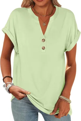 ANRABESS Womens Short Sleeve Henley Tops V Neck Dressy Casual Loose Fit Shirts Summer Flowy Blouses 2025 Trendy Clothes