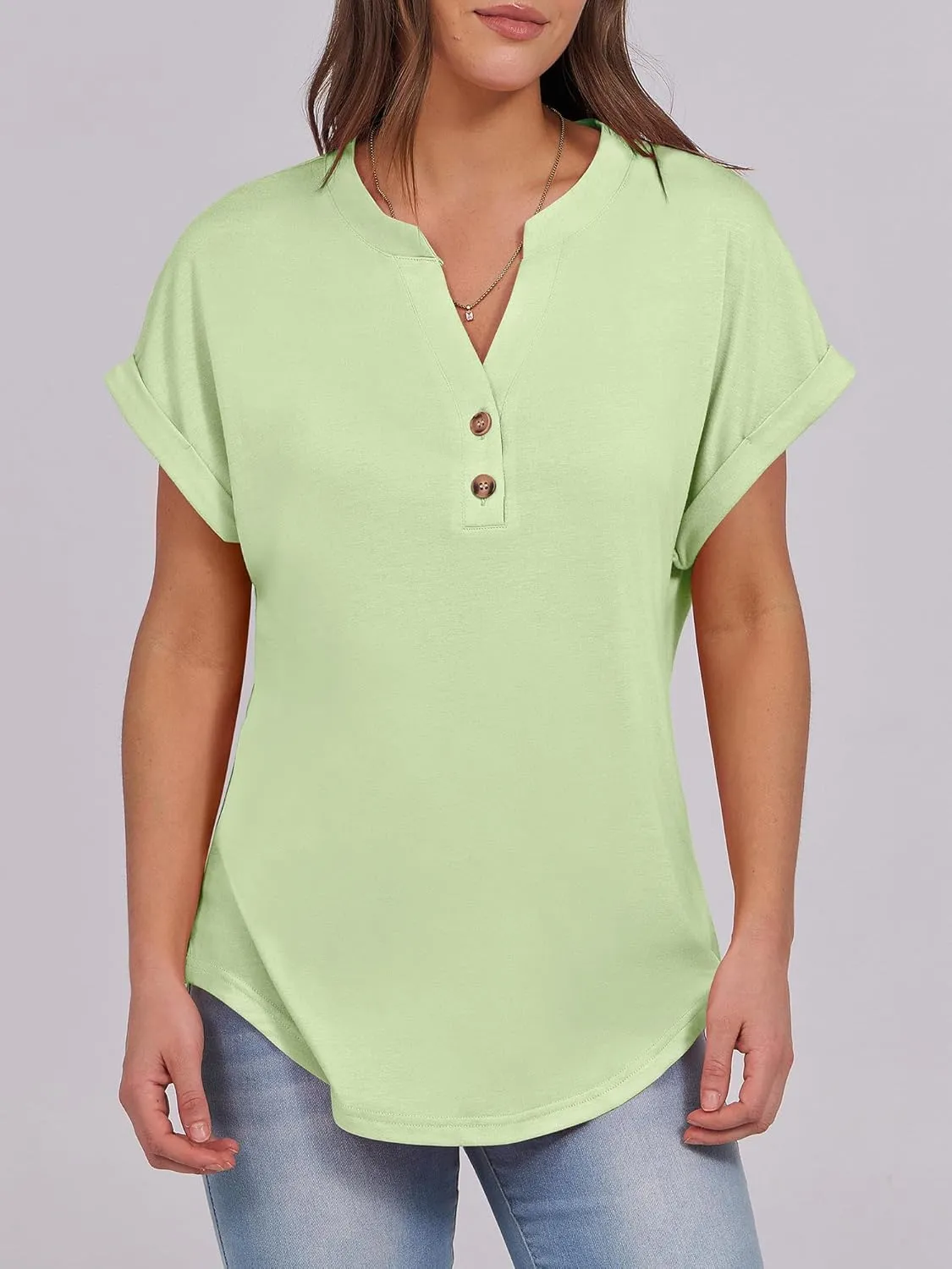 ANRABESS Womens Short Sleeve Henley Tops V Neck Dressy Casual Loose Fit Shirts Summer Flowy Blouses 2025 Trendy Clothes