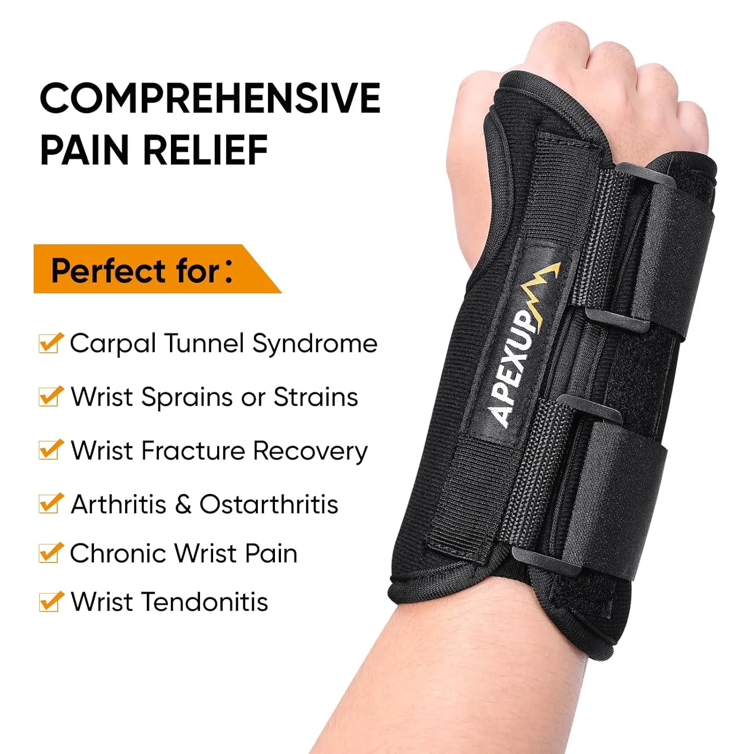 APEXUP Wrist Brace for Carpal Tunnel, Night Pain Relief Hand Brace with Adjustable Wrist Wraps and Splint for Men and Women, Ideal for Tendonitis, Arthritis, and Sprains (M, Right)