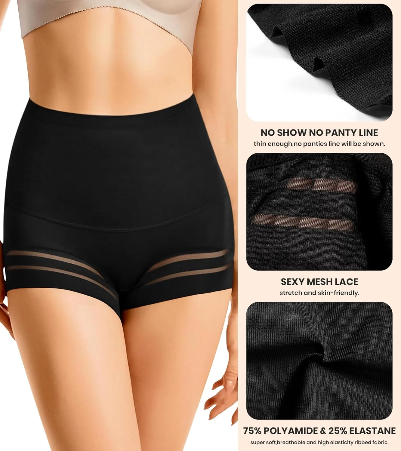 ASIMOON Tummy Control Boyshorts Underwear for Women Stretch High Waisted Shapewear Sexy Mesh No Show Panties for Ladies