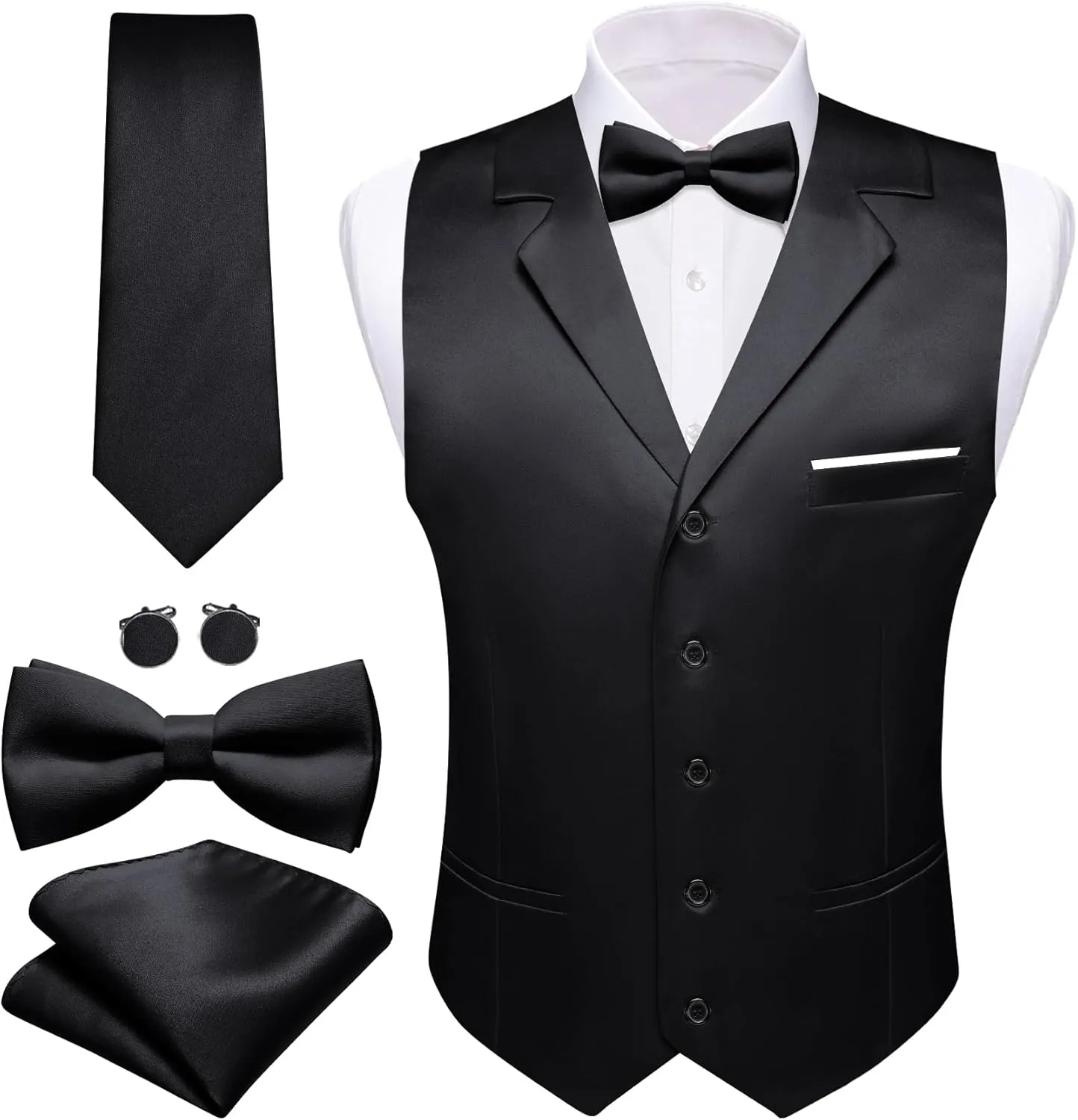 Barry.Wang Mens Satin Formal Suit Vest Tie Bowtie Set 8PC Lapel Collar Casual Slim Fit Waistcoat Wedding Party Tuxedo