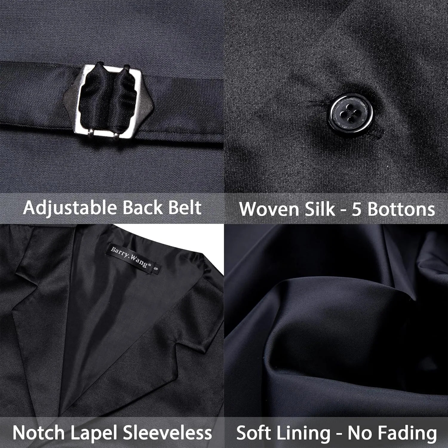 Barry.Wang Mens Satin Formal Suit Vest Tie Bowtie Set 8PC Lapel Collar Casual Slim Fit Waistcoat Wedding Party Tuxedo