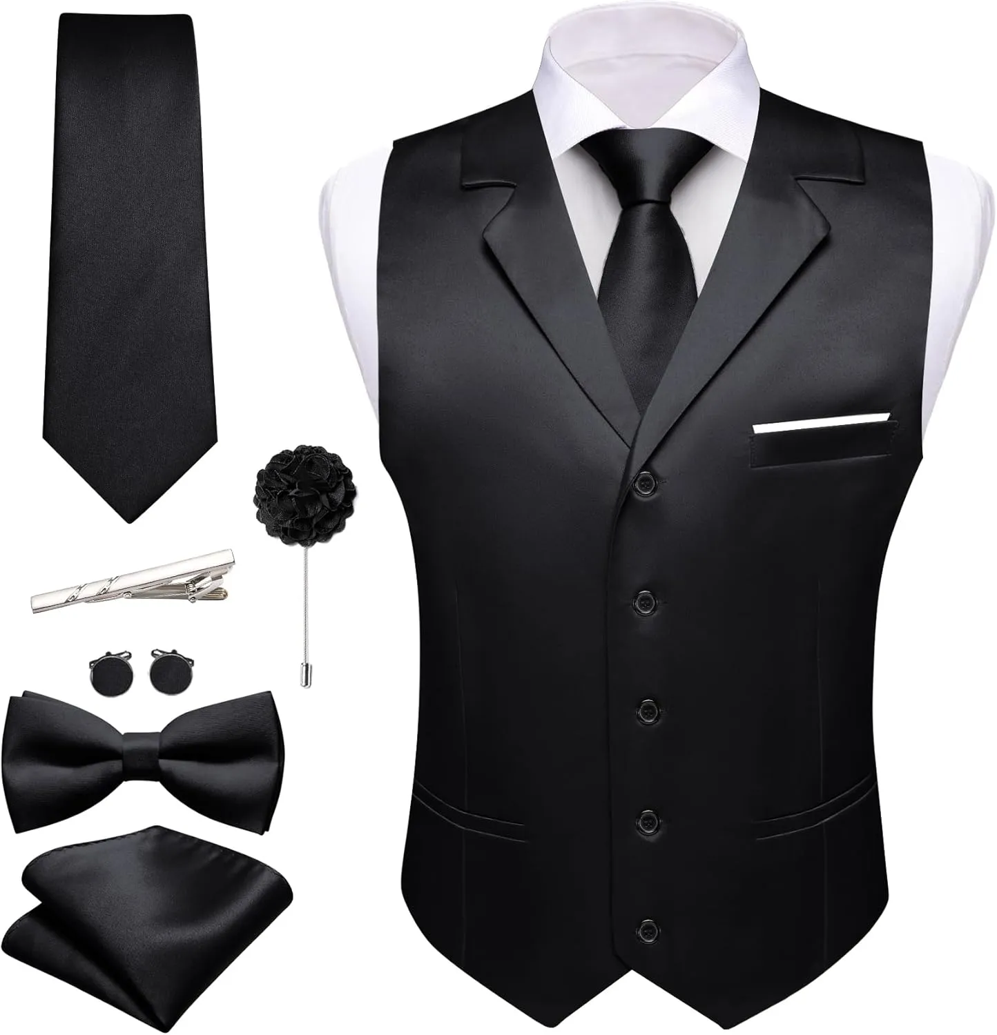 Barry.Wang Mens Satin Formal Suit Vest Tie Bowtie Set 8PC Lapel Collar Casual Slim Fit Waistcoat Wedding Party Tuxedo
