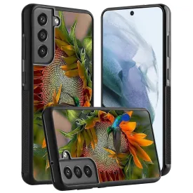 BIAOTEFU Silicone Case Compatible with Samsung Galaxy S21 FE Sunflower and Hummingbird Pattern Shockproof Slim TPU Rubber Material Black Frame Cellphone Mobile Case