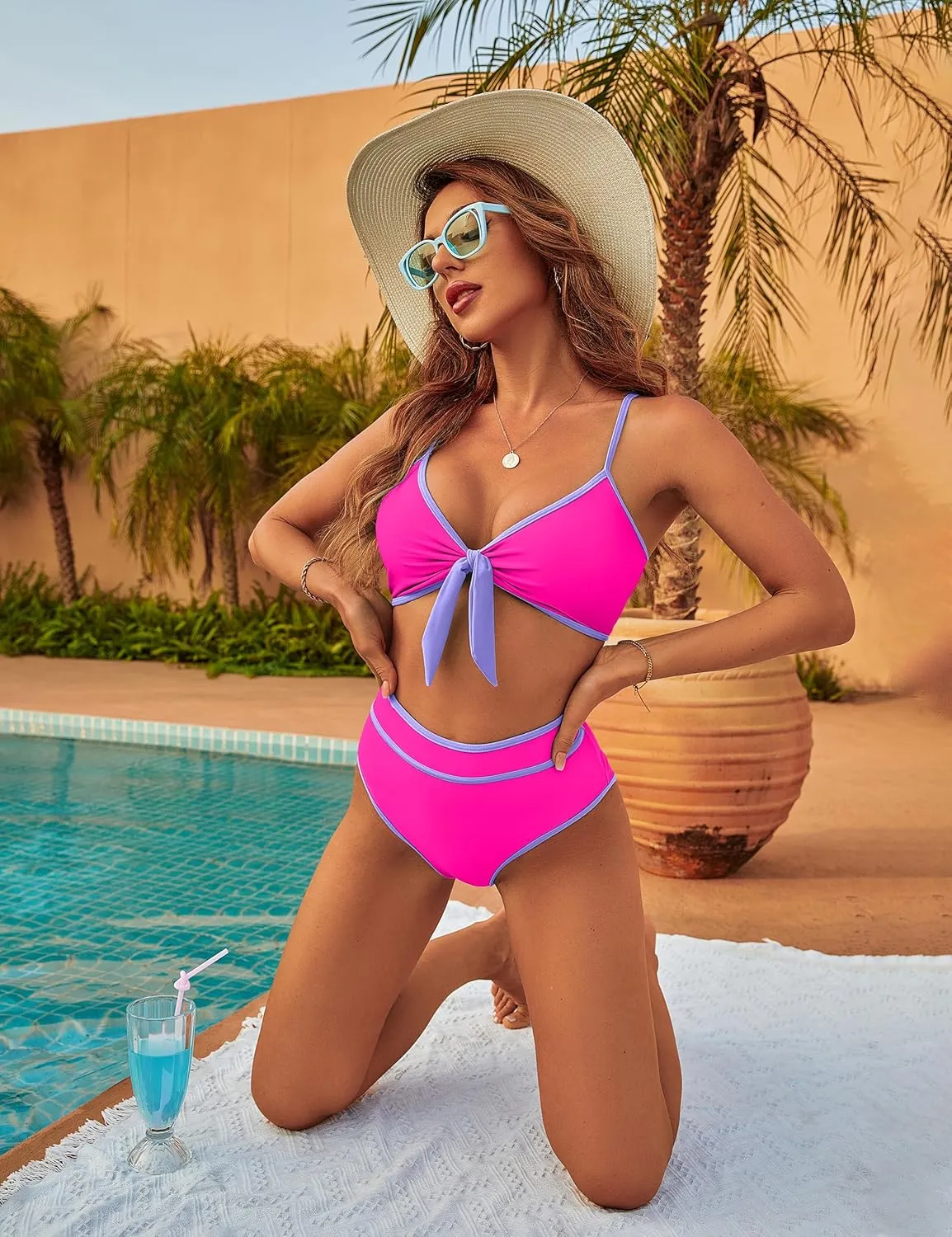 Blooming Jelly Womens High Waisted Bikini Set Tie Knot High Rise Two Piece Swimsuits Bathing Suits