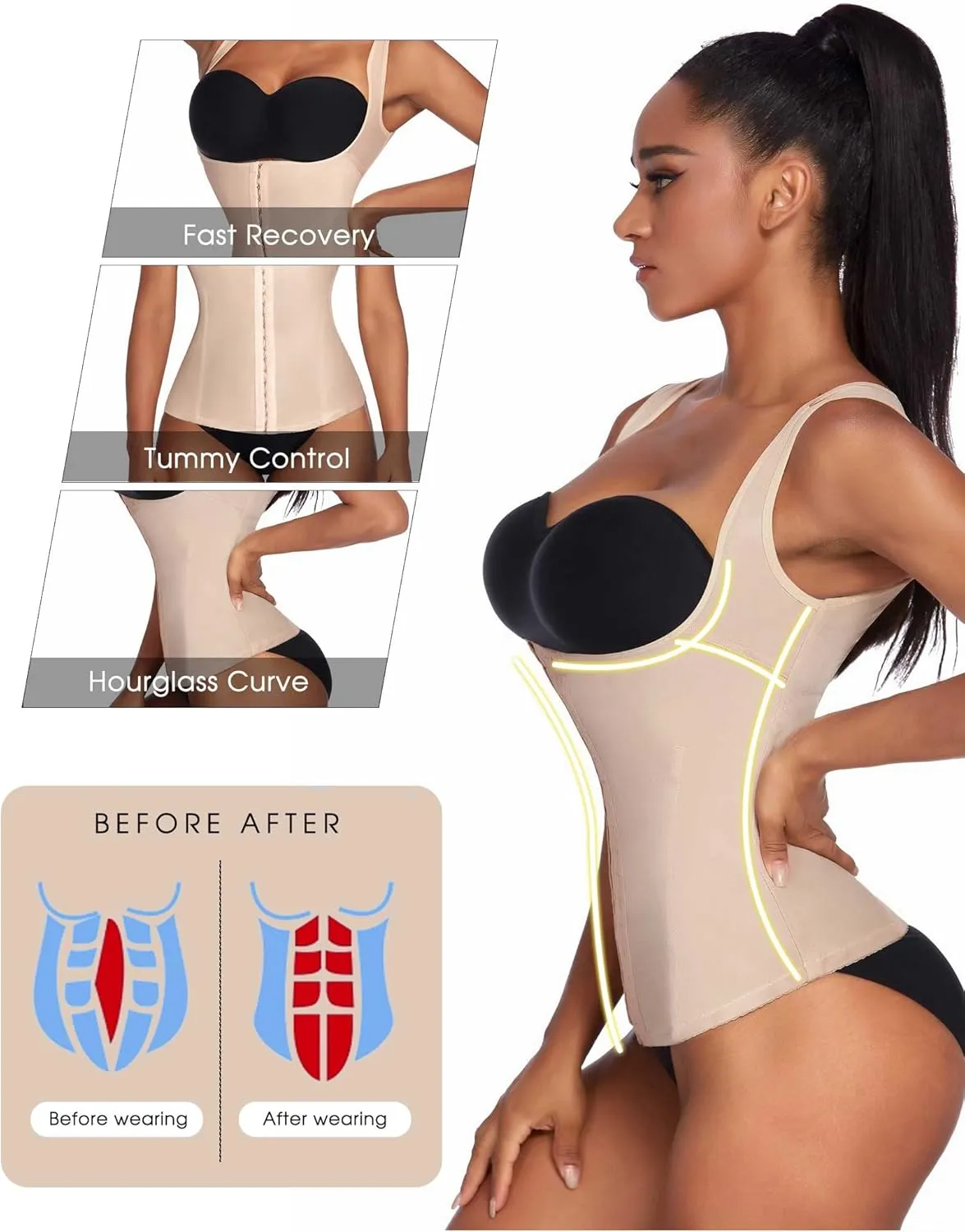 Ekouaer Women's Underbust Corset Waist Trainer Cincher Steel Boned Body Shaper Tummy Fat Burner S-4XL
