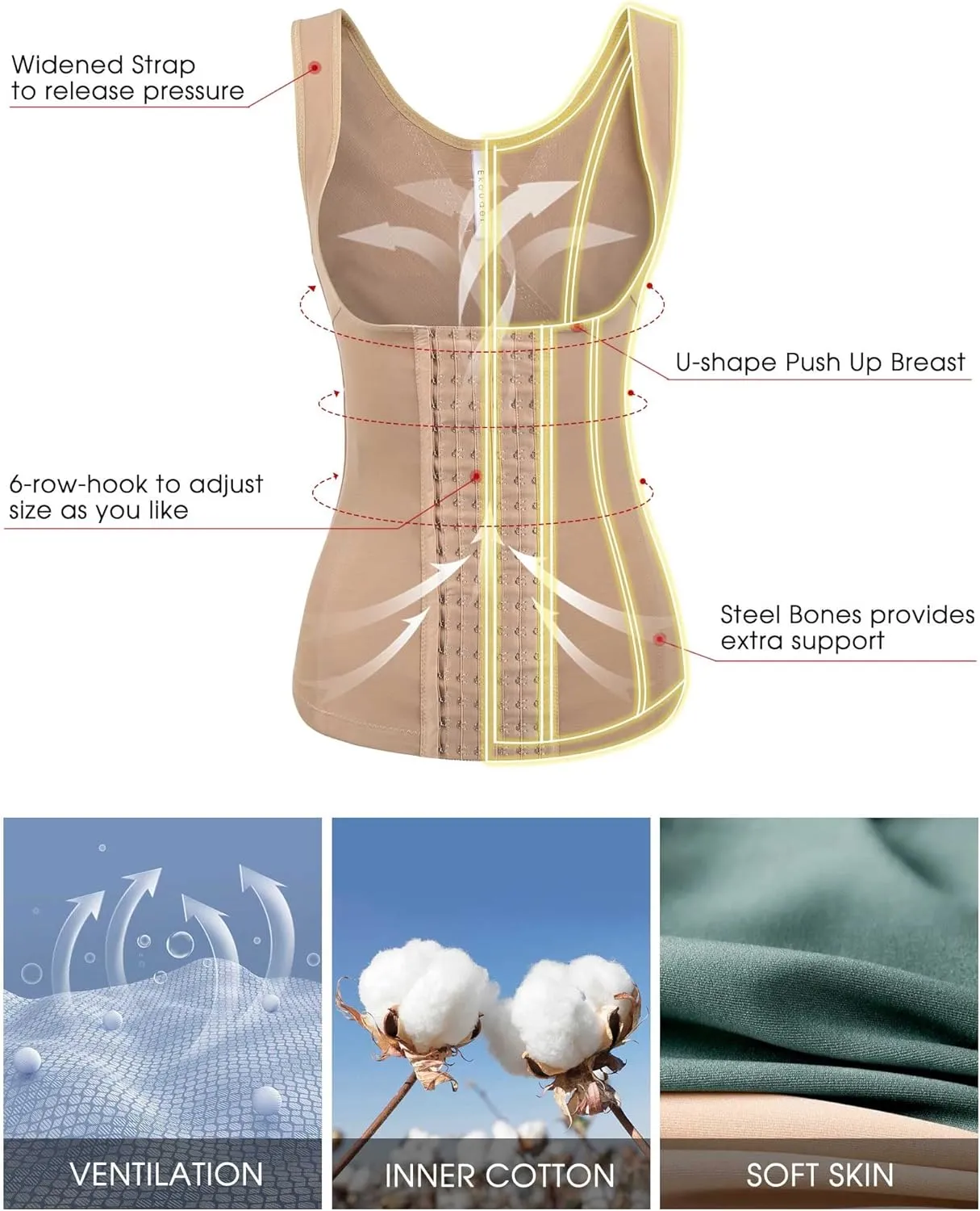 Ekouaer Women's Underbust Corset Waist Trainer Cincher Steel Boned Body Shaper Tummy Fat Burner S-4XL