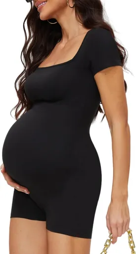 Peauty Buttery Soft Maternity Bodysuit  Short Sleeve Romper, Square Neck, Photoshoot Casual Workout Maternity-Clothes
