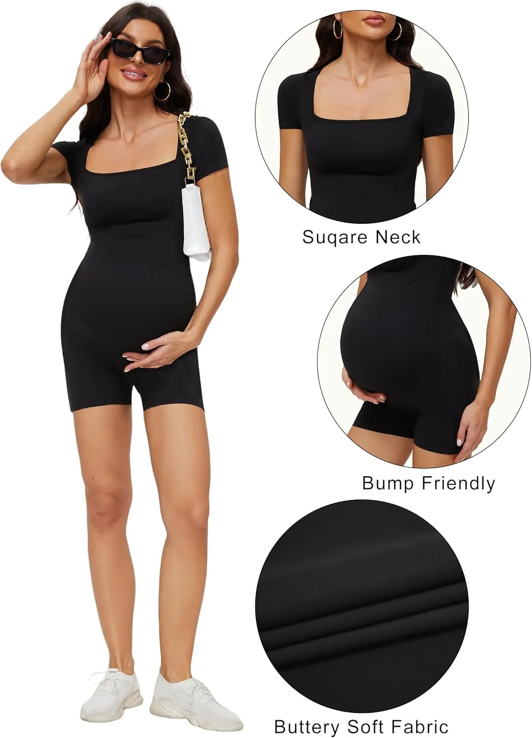 Peauty Buttery Soft Maternity Bodysuit  Short Sleeve Romper, Square Neck, Photoshoot Casual Workout Maternity-Clothes
