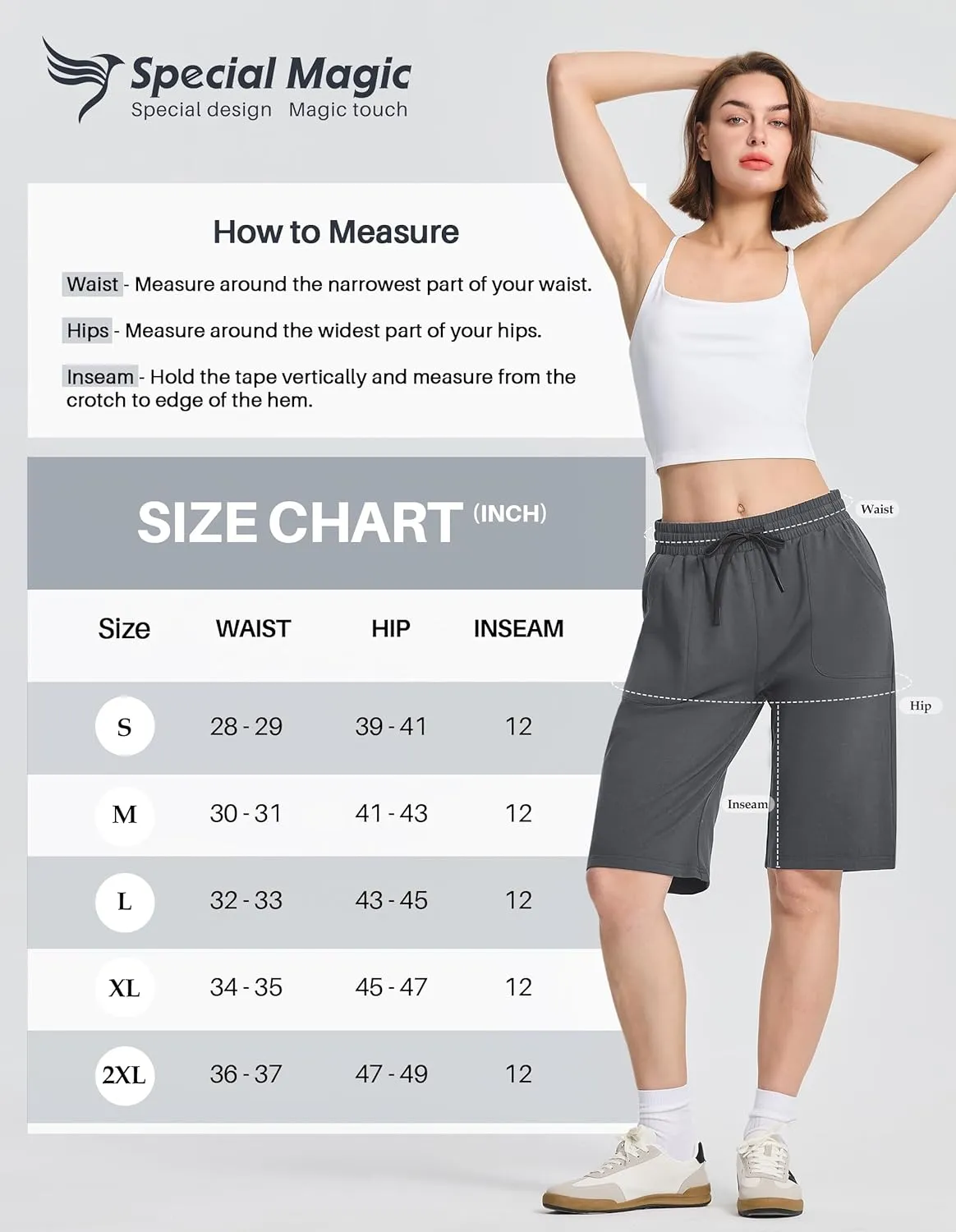 SPECIALMAGIC Cotton Sweat Shorts with Pockets for Women 10" Athletic Lounge Sports Workout Bermuda Knee Shorts
