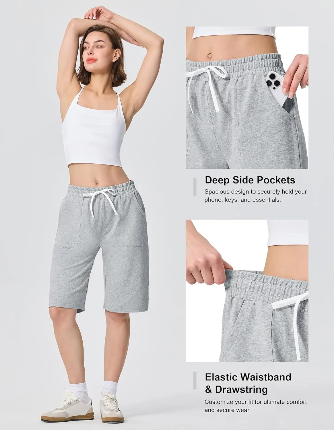 SPECIALMAGIC Cotton Sweat Shorts with Pockets for Women 10" Athletic Lounge Sports Workout Bermuda Knee Shorts