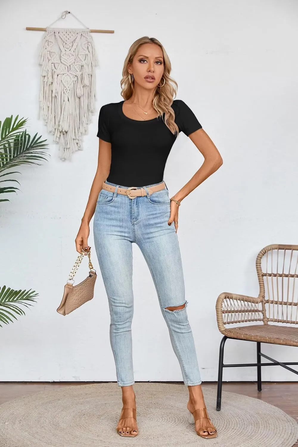 VICHYIE Womens Summer Short Sleeve Tops Square Neck Ribbed Slim Fitted Shirts Casual Tee Tshirt