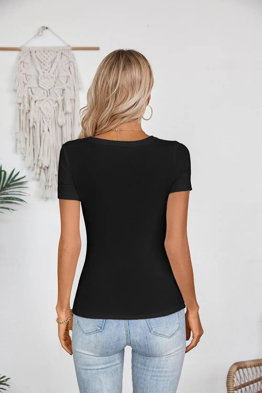 VICHYIE Womens Summer Short Sleeve Tops Square Neck Ribbed Slim Fitted Shirts Casual Tee Tshirt