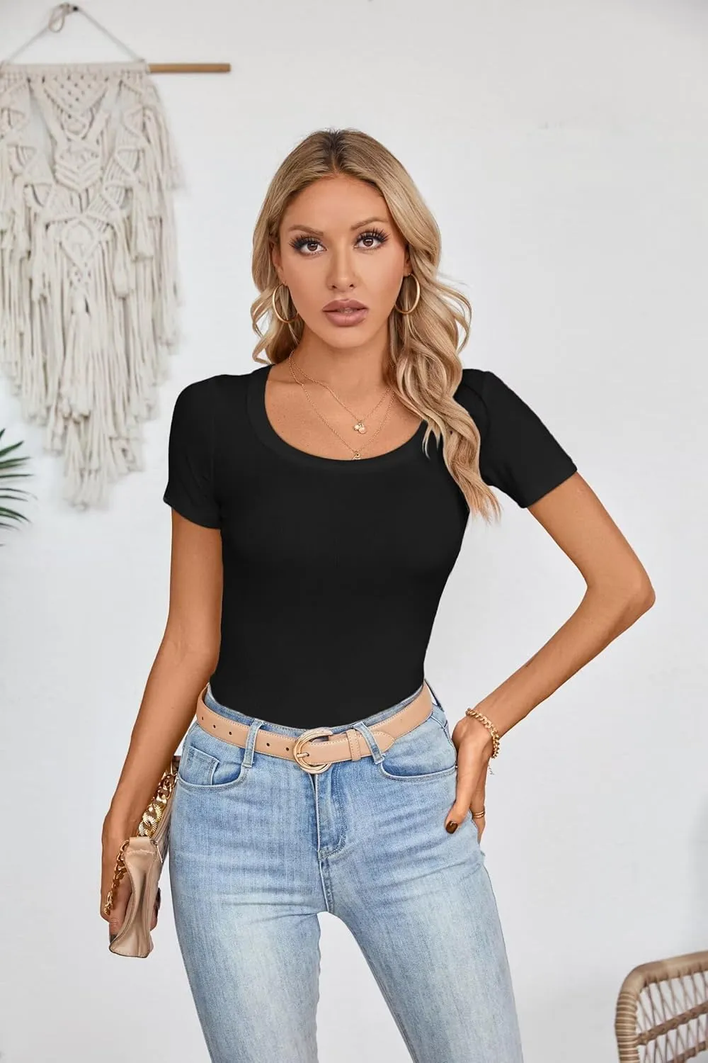 VICHYIE Womens Summer Short Sleeve Tops Square Neck Ribbed Slim Fitted Shirts Casual Tee Tshirt
