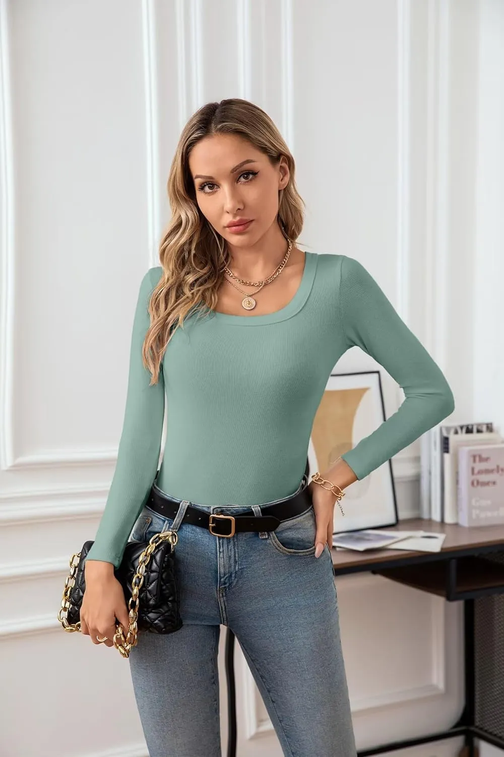 VICHYIE Womens Summer Short Sleeve Tops Square Neck Ribbed Slim Fitted Shirts Casual Tee Tshirt