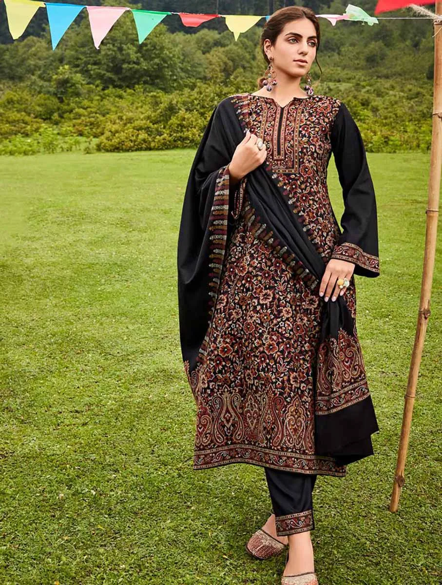 Women's Pashmina Printed Jacquard Black Winter Suit Dress Material
