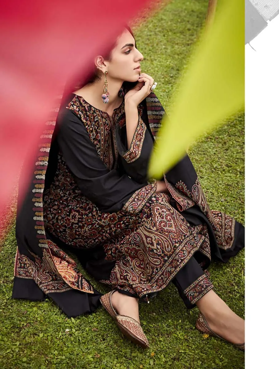 Women's Pashmina Printed Jacquard Black Winter Suit Dress Material