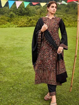 Women's Pashmina Printed Jacquard Black Winter Suit Dress Material