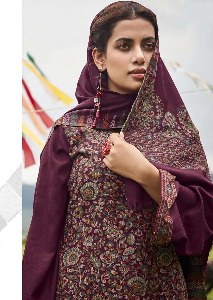 Women's Pashmina Red Printed Jacquard Winter Suit Dress Material