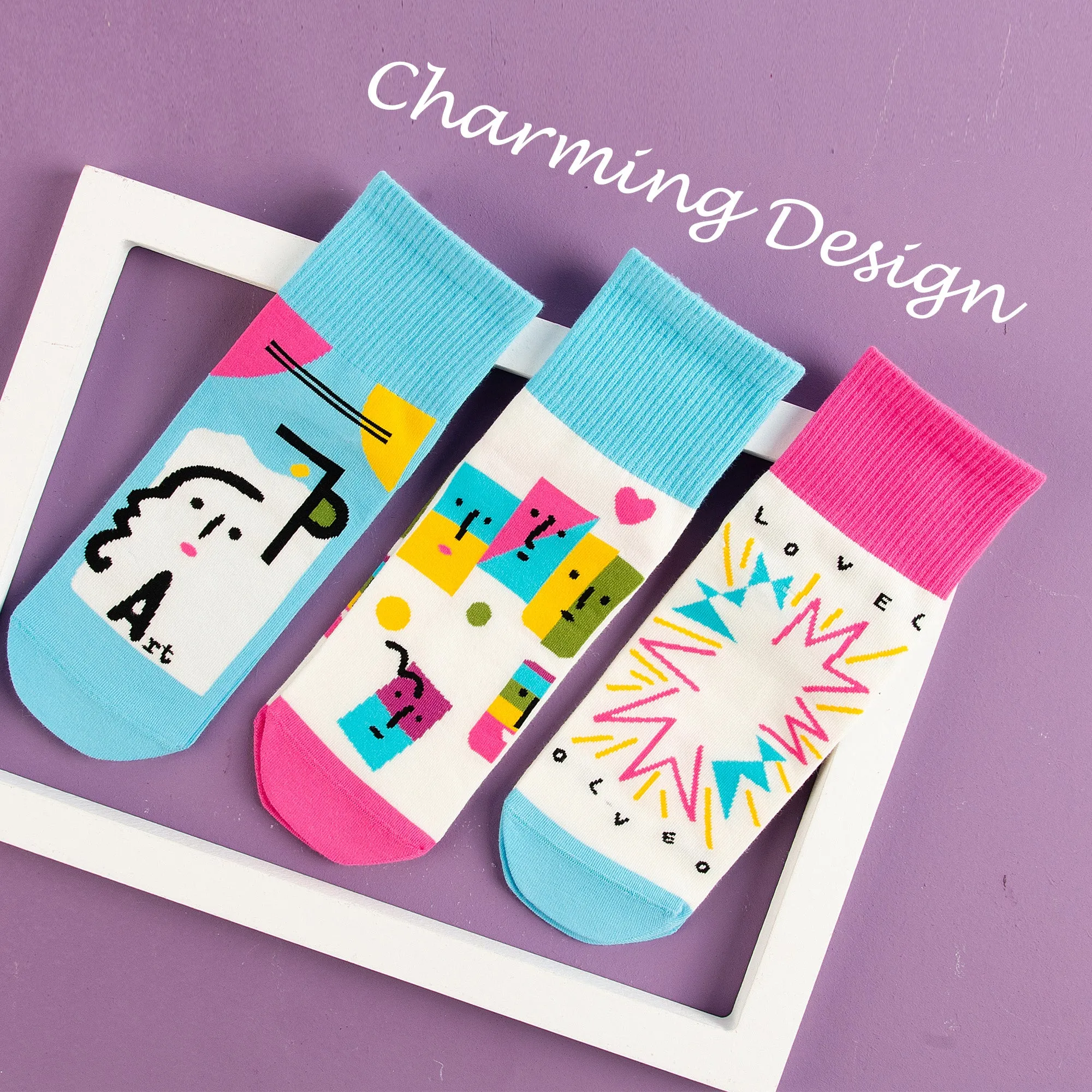 Womens Patterned Crew Socks Seamless Combed Cotton Funny Girls Cute Novelty Animal Flower Soft Socks Gifts 3 Pairs