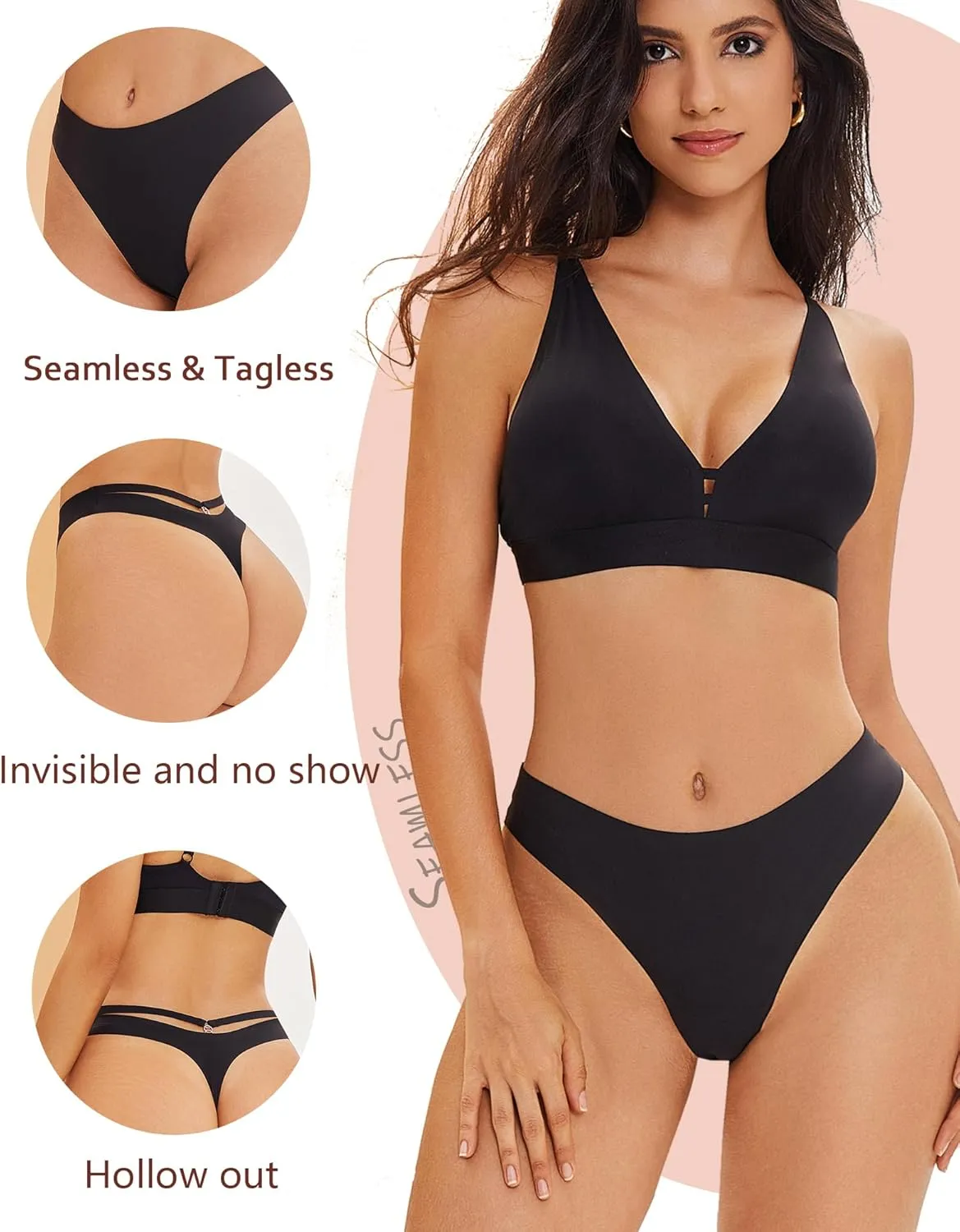 Women's Underwear Seamless Thongs 6 Pack No Show Thong Breathable Invisibles Hollow Out Sexy Panties Underwear