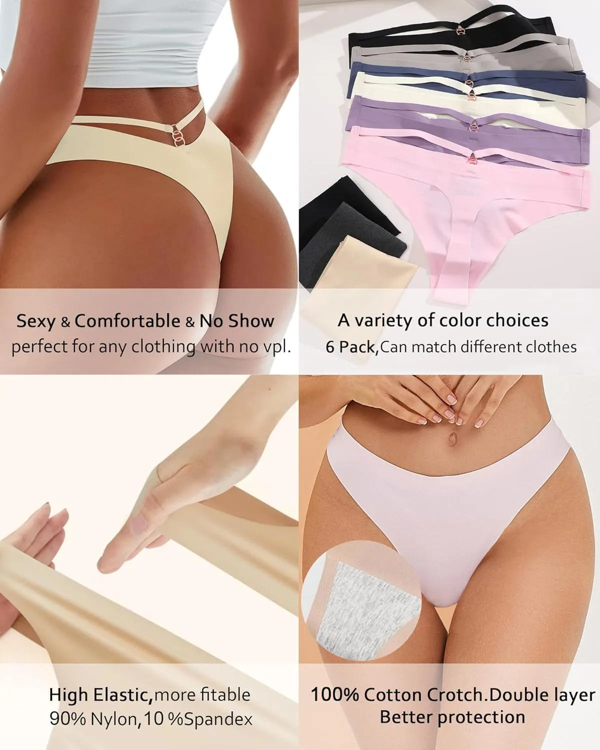 Women's Underwear Seamless Thongs 6 Pack No Show Thong Breathable Invisibles Hollow Out Sexy Panties Underwear