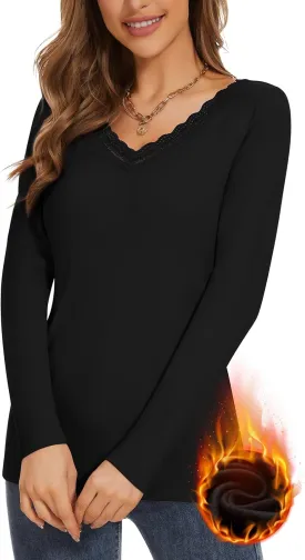 WOWENY Womens Long Sleeve Thermal Shirts V Neck Lace T Shirts Underwear Tops Basic Fitted Tees