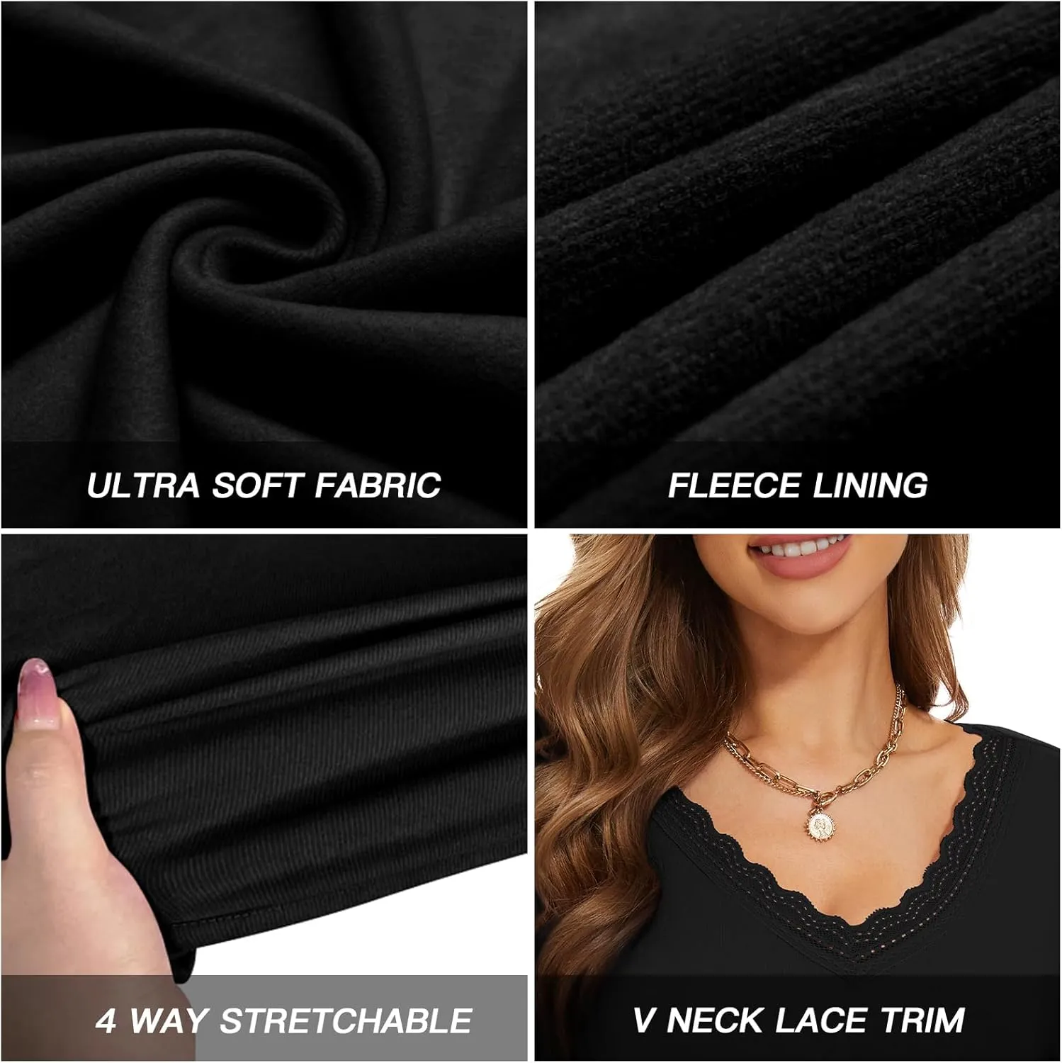 WOWENY Womens Long Sleeve Thermal Shirts V Neck Lace T Shirts Underwear Tops Basic Fitted Tees