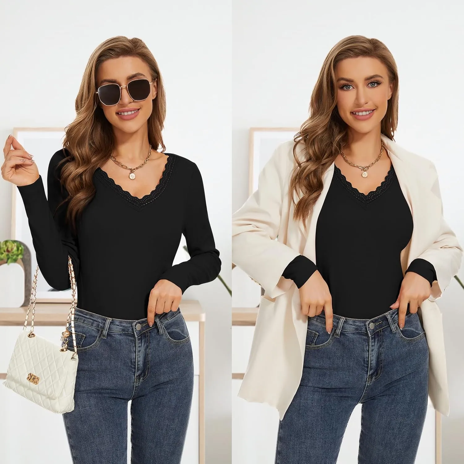 WOWENY Womens Long Sleeve Thermal Shirts V Neck Lace T Shirts Underwear Tops Basic Fitted Tees