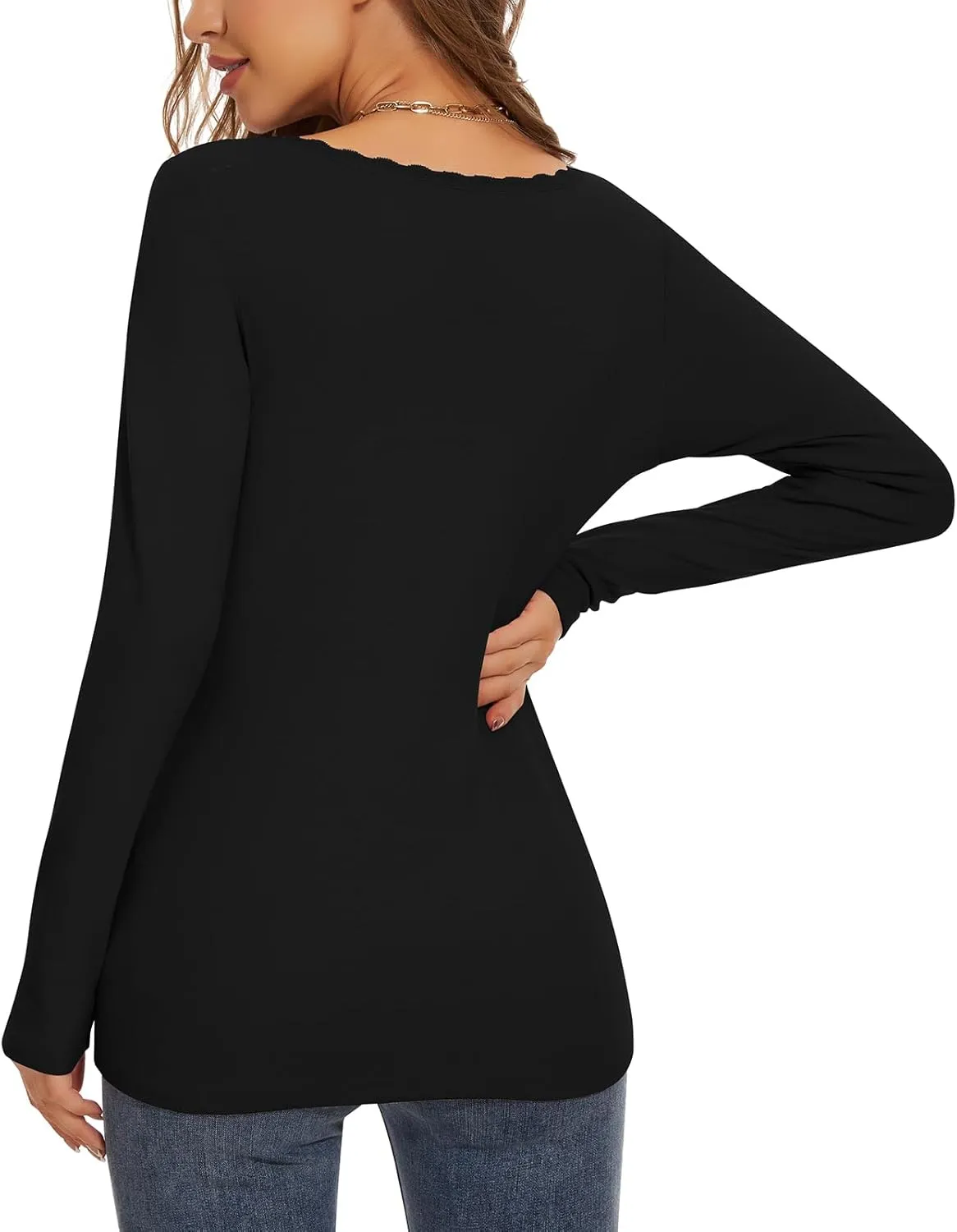WOWENY Womens Long Sleeve Thermal Shirts V Neck Lace T Shirts Underwear Tops Basic Fitted Tees