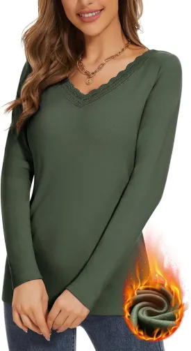 WOWENY Womens Long Sleeve Thermal Shirts V Neck Lace T Shirts Underwear Tops Basic Fitted Tees