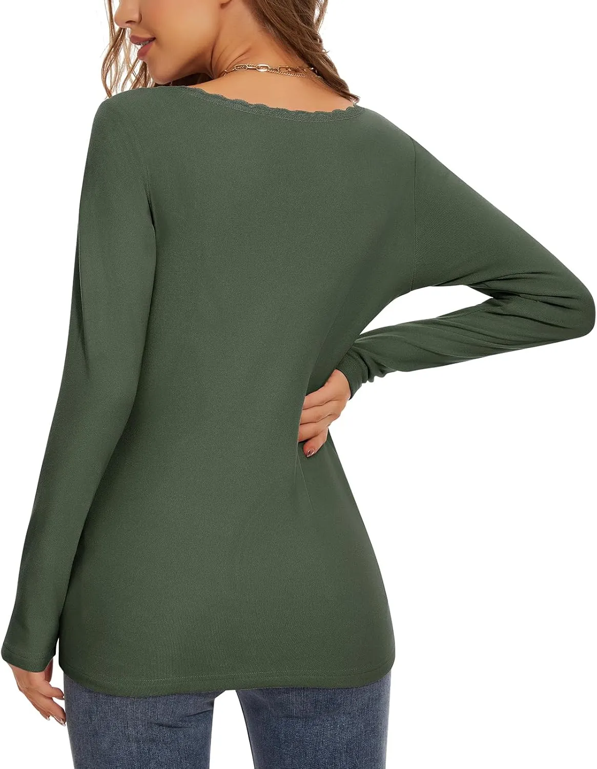 WOWENY Womens Long Sleeve Thermal Shirts V Neck Lace T Shirts Underwear Tops Basic Fitted Tees